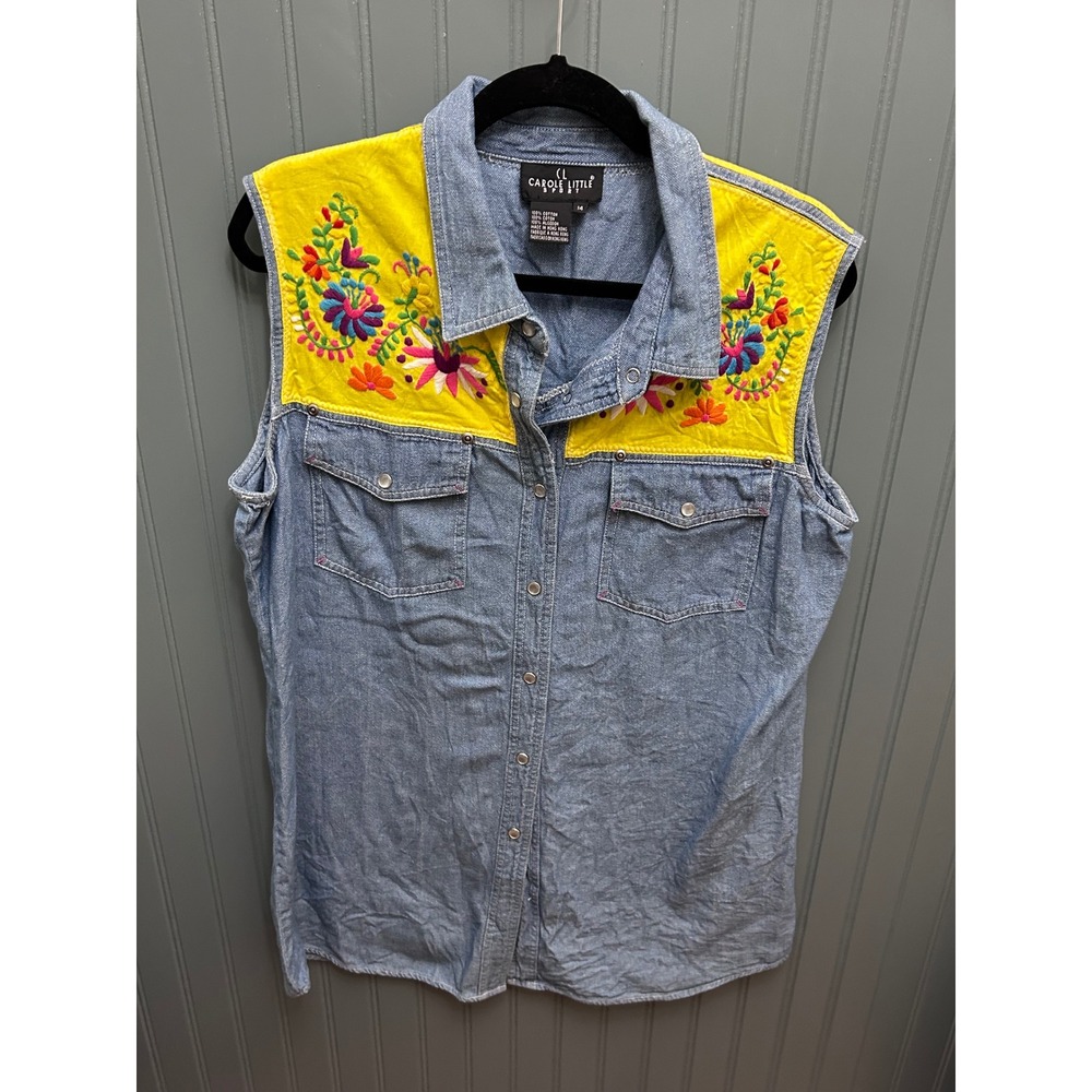 Carole Little Sport Vintage 90s Embroidered Western Denim Sleeveless Shirt 14